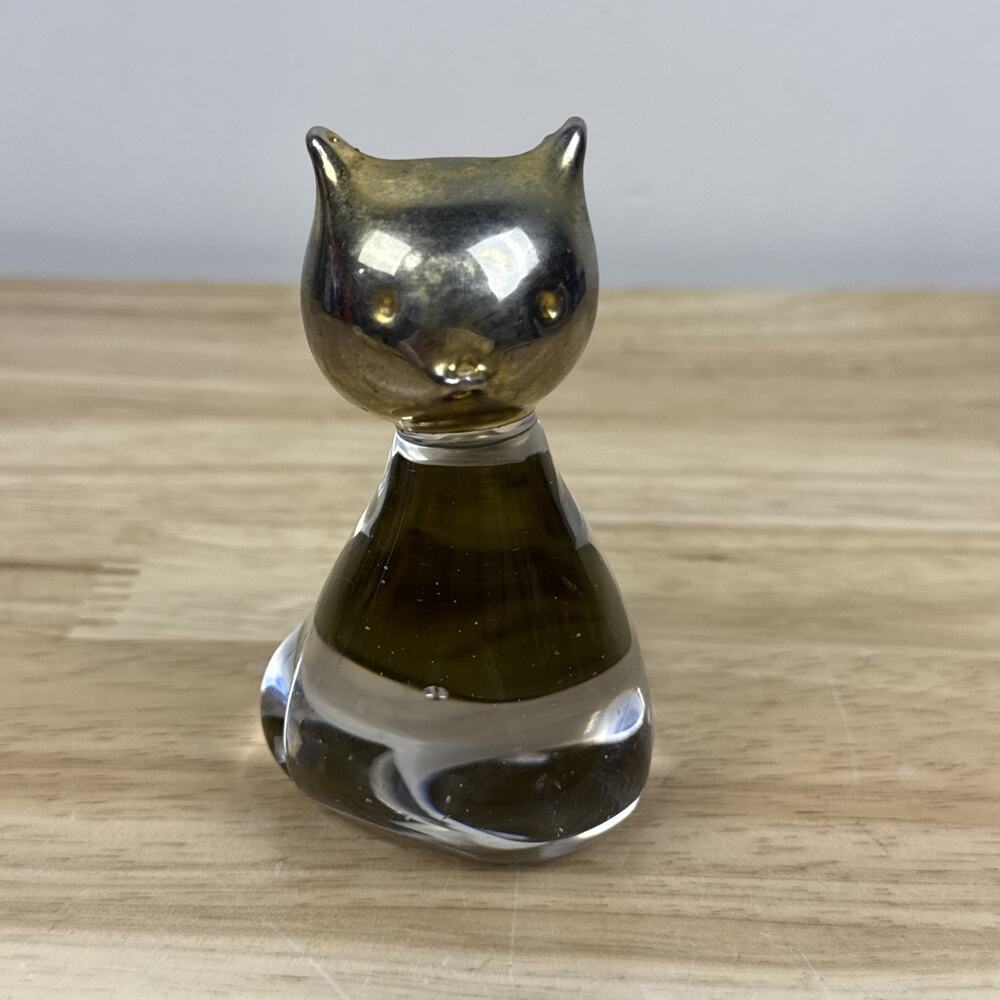 Vintage MCM Glass Cat Figurine With Metal Head/ Tail Sculpture Trinket 3.5”